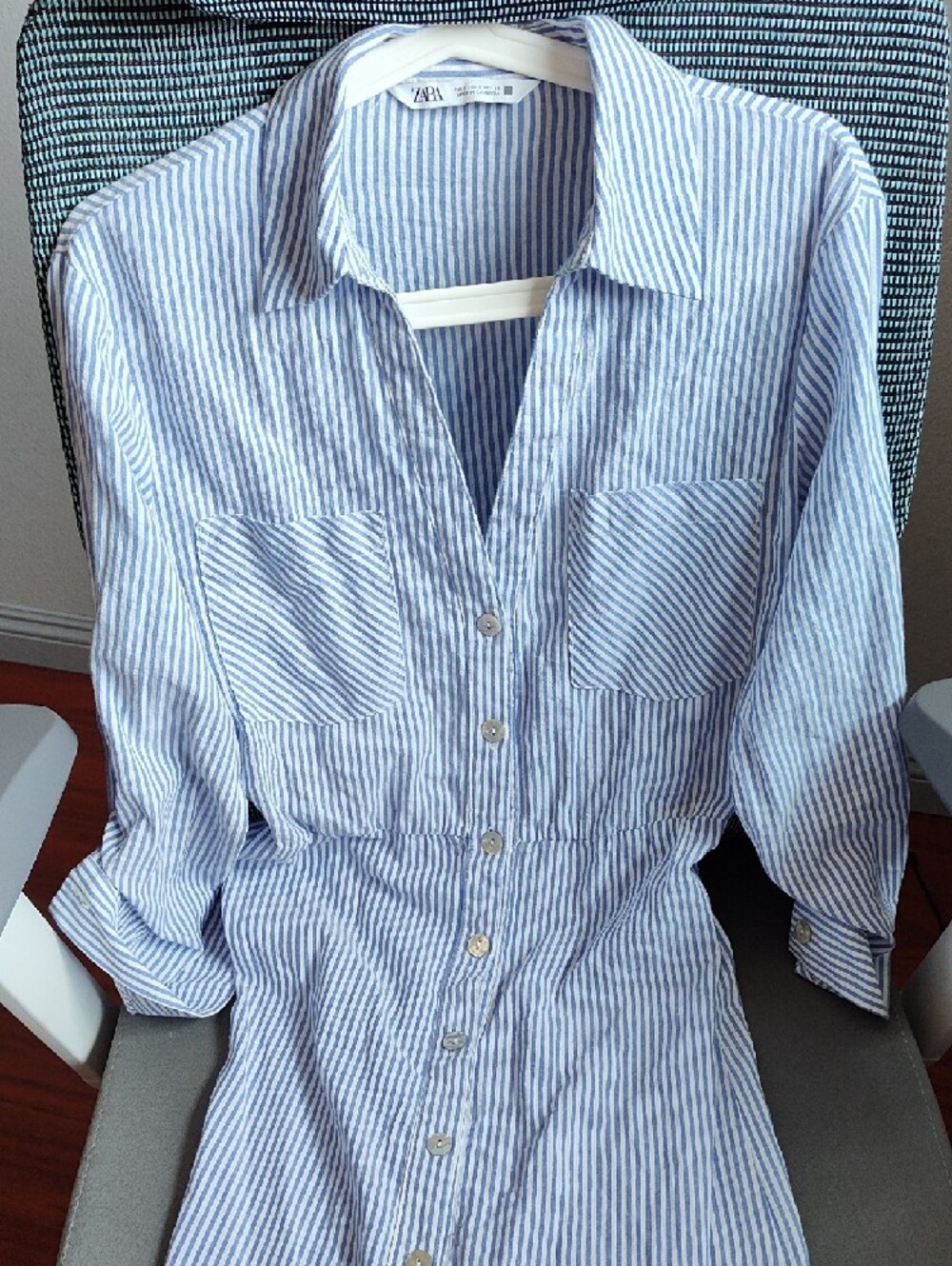 Striped Button-Front Shirt Dress in Light Blue Zara Size M